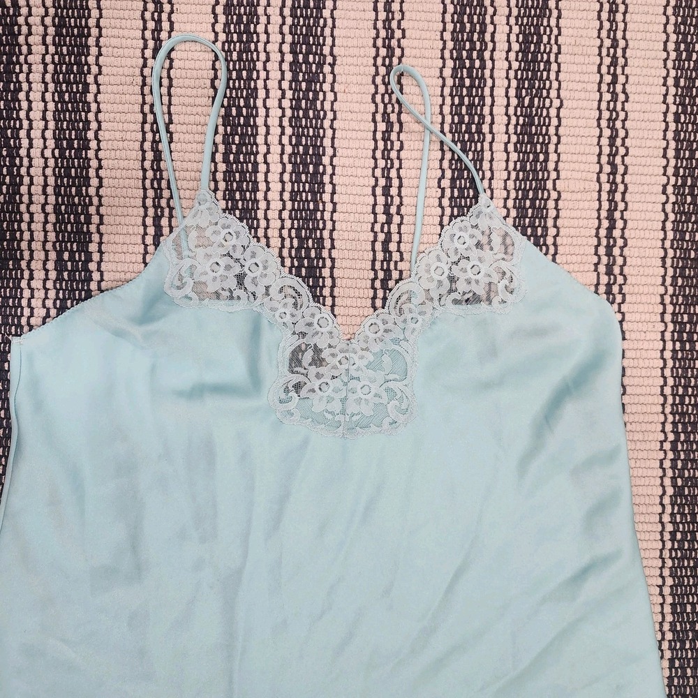 Vintage Victoria's Secret Slip Dress M Blue Satin Lace Chemise Nightgown - Picture 4 of 10